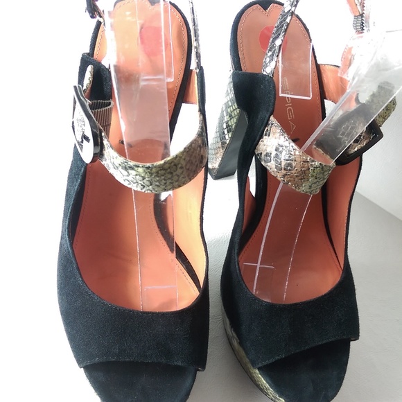 Via Spiga Marie Black Platform Chunky Heel Snake Platform Orange Camouflage - Picture 7 of 9